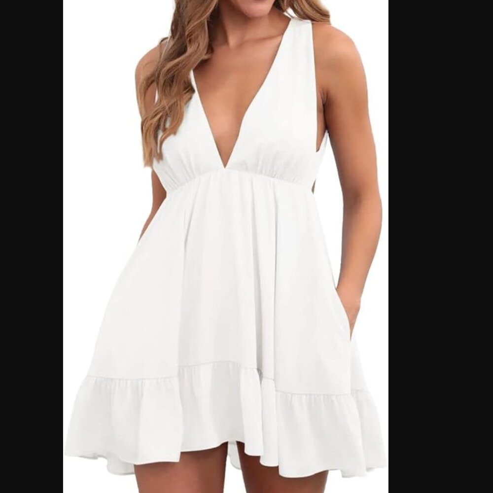 NWOT (S) Mini Dress Loose Ruffle Deep V-Neck Backless Strap Solid VERY Short